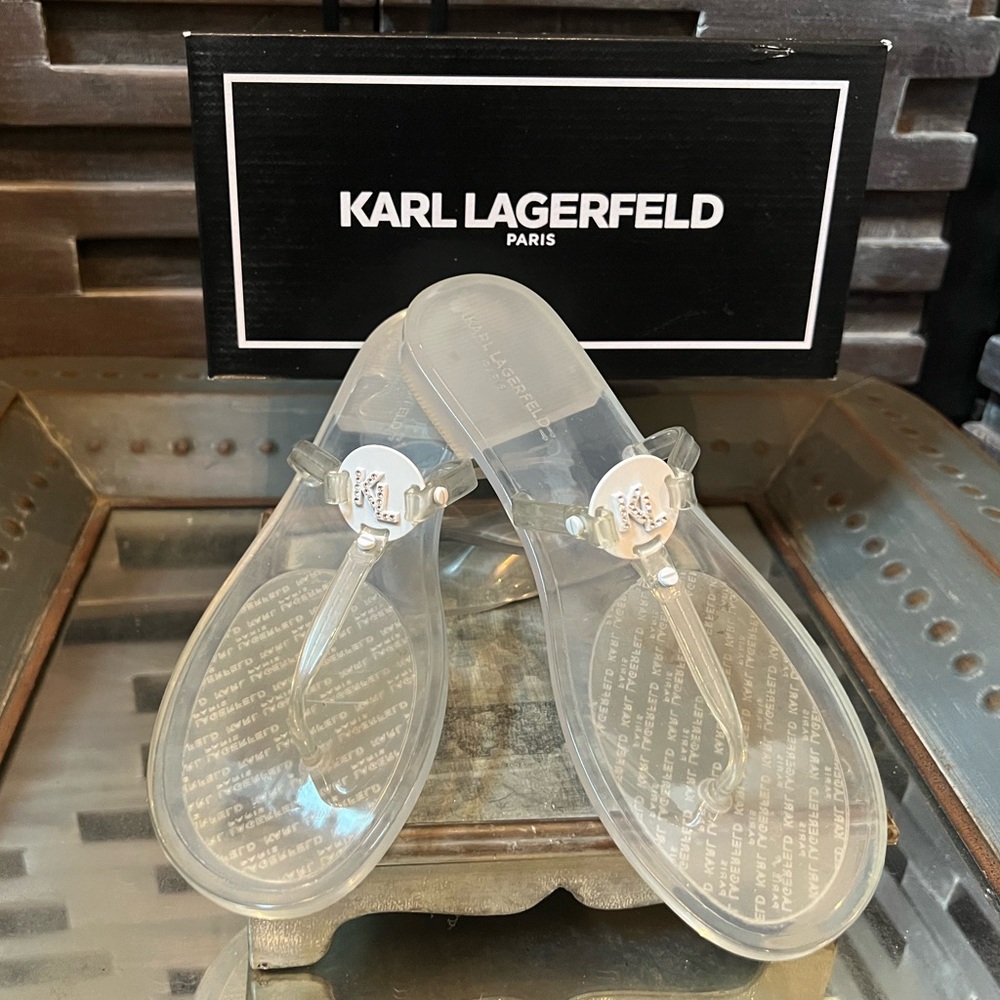 LIKE NEW! Karl Lagerfeld Wylda Embellished Transparent Flat Thong Sandal-Stylish